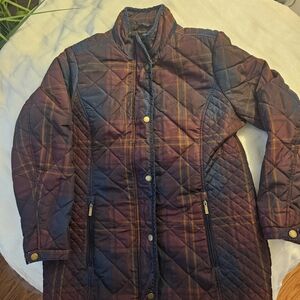 Lands' End Women's Plaid Quilted Puffer Jacket - Navy and Brown-EUC
